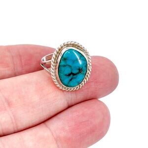 Vintage Southwest Sterling Silver 925 Rope Frame Turquoise Ring Size 6